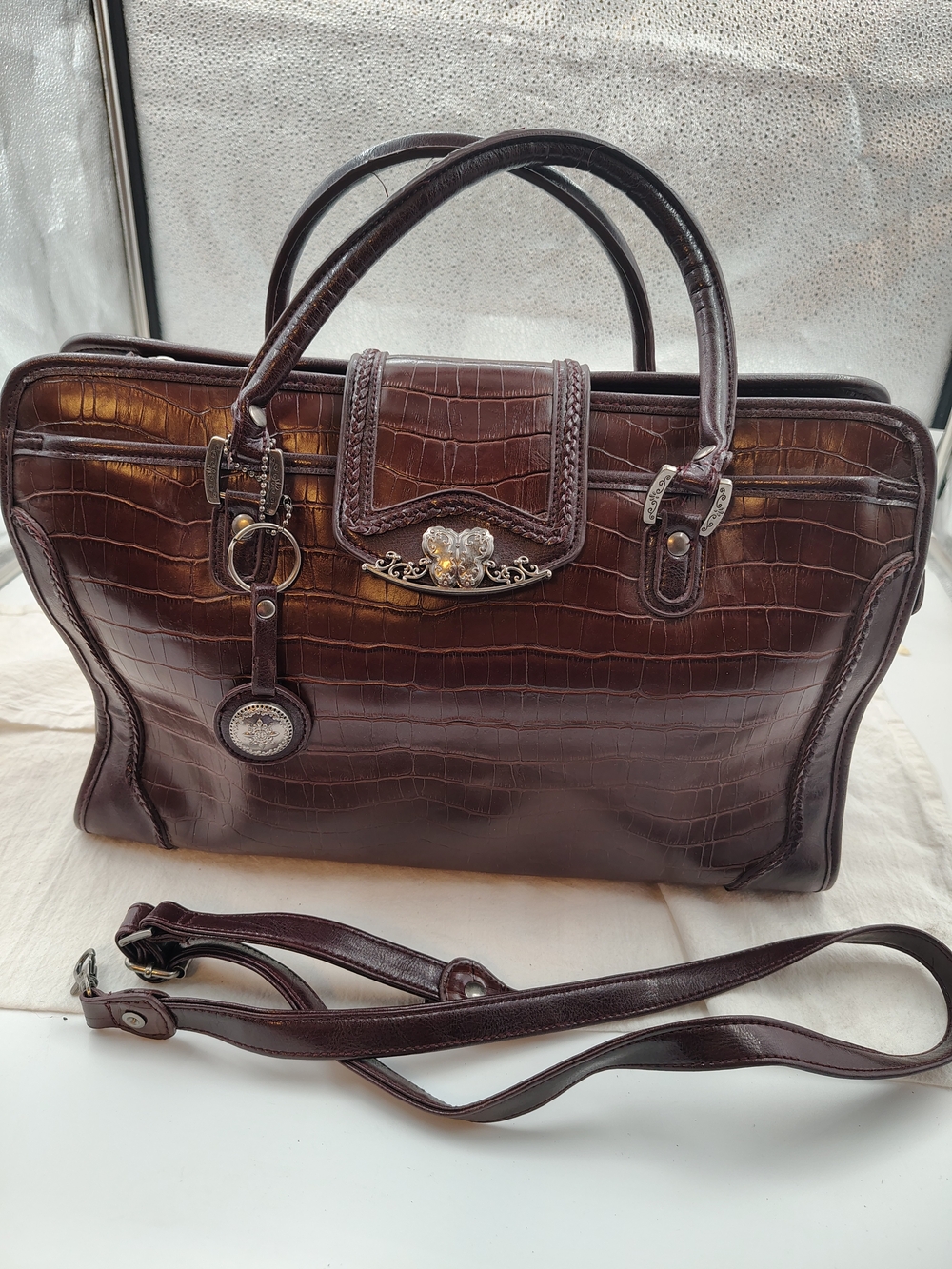 Classic Croc-Embossed Satchel Handbag/ Shoulder Bag in Deep Brown